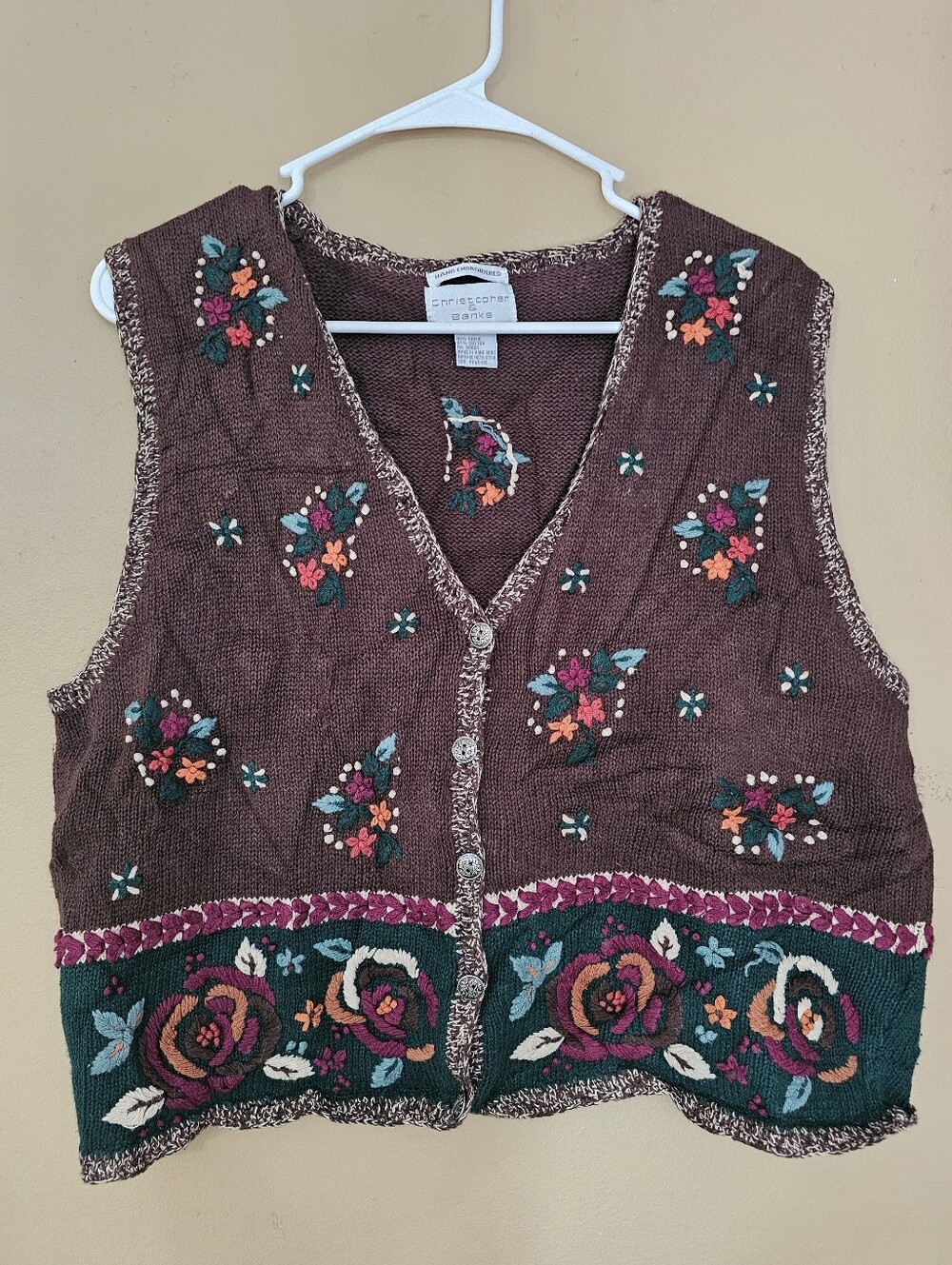 Christopher & Banks Vintage Hand Embroidered Floral Knit Vest M